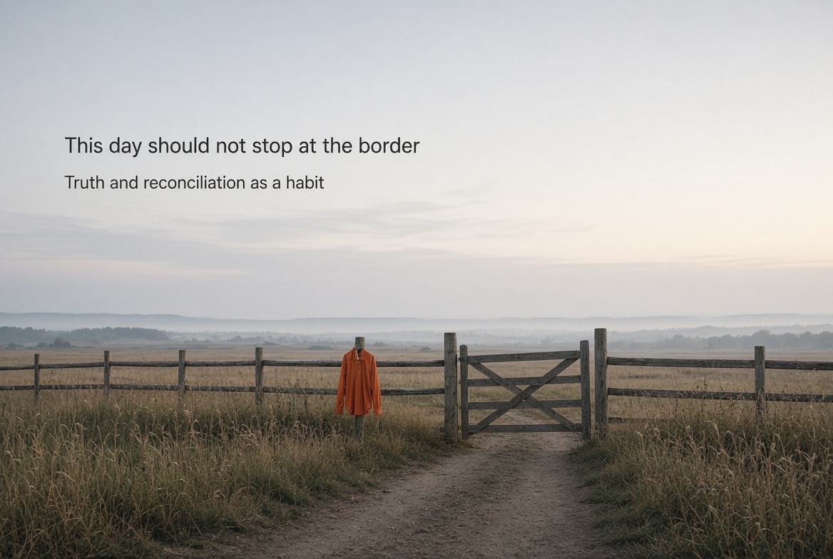 An orange shirt hangs on a wooden fence next to an open gate across a field